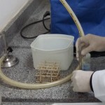 Imagem das mãos de um pesquisador manipulando materiais de laboratório.